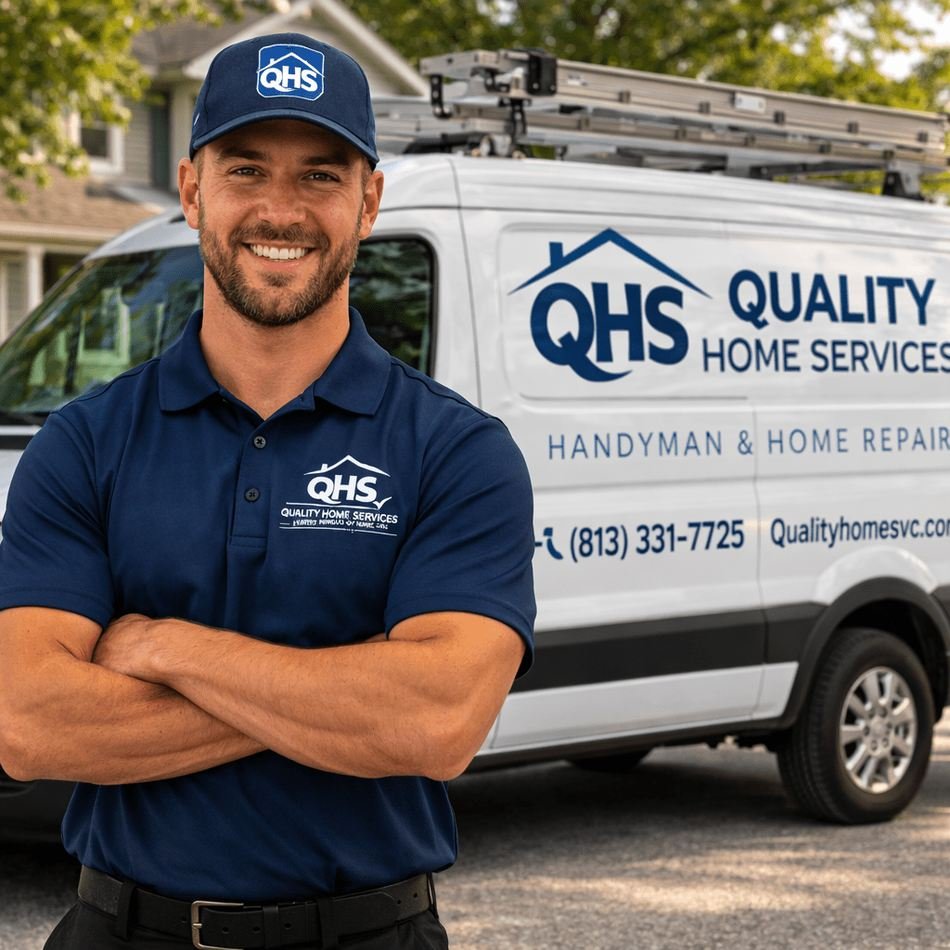 Friendly insured Quality Home Services handyman standing in front of the company van